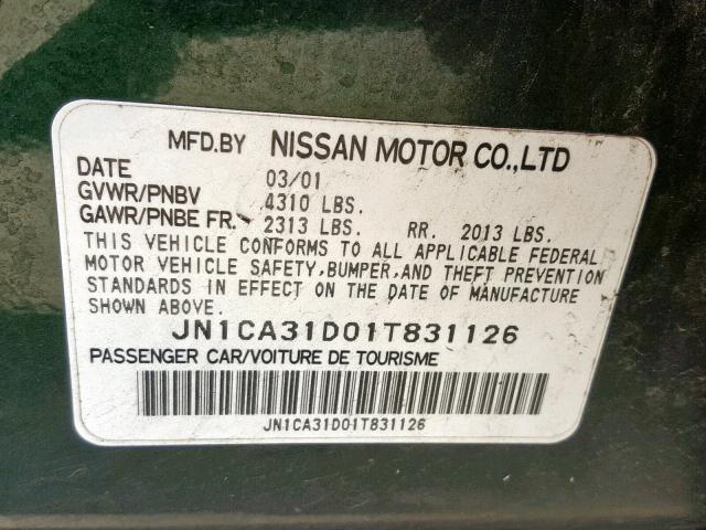 JN1CA31D01T831126 - 2001 NISSAN MAXIMA GXE GREEN photo 10