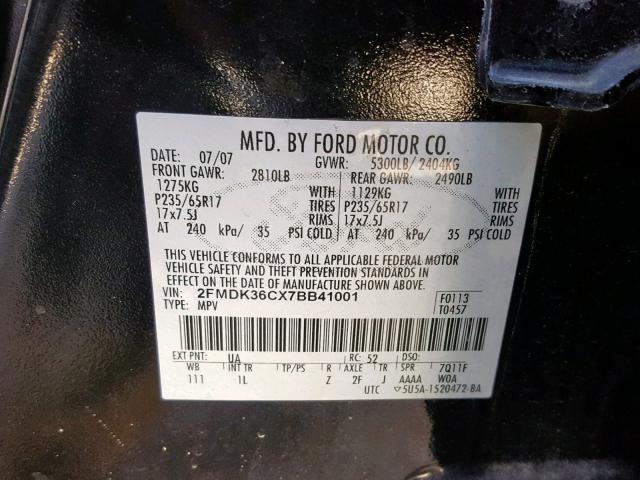 2FMDK36CX7BB41001 - 2007 FORD EDGE SE BLACK photo 10