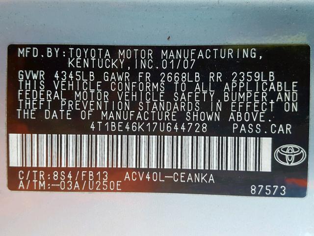 4T1BE46K17U644728 - 2007 TOYOTA CAMRY NEW BLUE photo 10