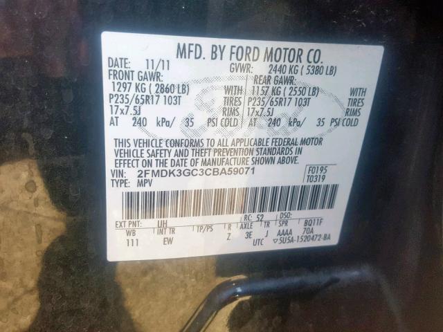 2FMDK3GC3CBA59071 - 2012 FORD EDGE SE BLACK photo 10