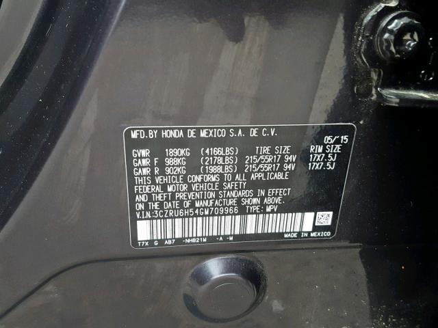 3CZRU6H54GM709966 - 2016 HONDA HR-V EX BLACK photo 10