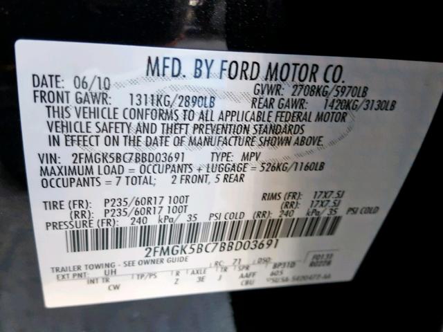 2FMGK5BC7BBD03691 - 2011 FORD FLEX SE BLACK photo 10