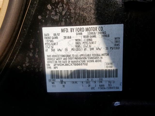 2FMDK38CX7BB65702 - 2007 FORD EDGE SEL BLACK photo 10