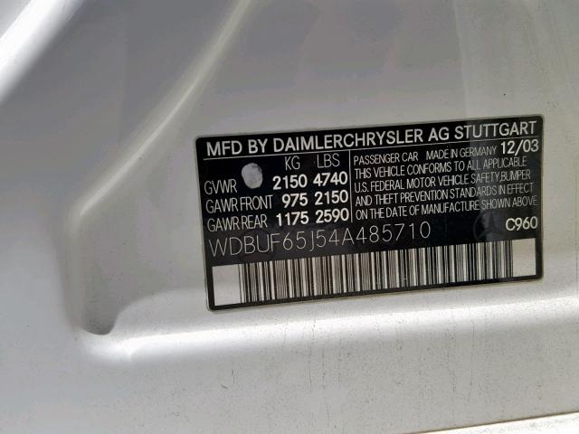 WDBUF65J54A485710 - 2004 MERCEDES-BENZ E 320 WHITE photo 10