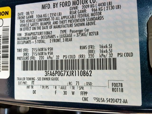 3FA6P0G7XJR110862 - 2018 FORD FUSION S BLUE photo 10