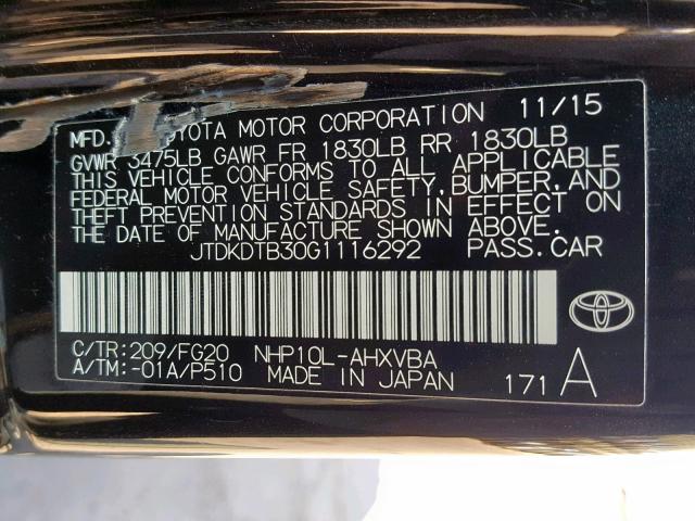 JTDKDTB30G1116292 - 2016 TOYOTA PRIUS C BLACK photo 10