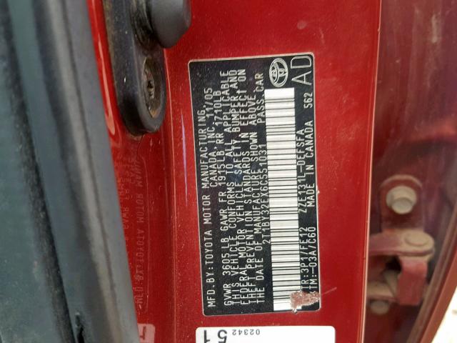 2T1BY32EX6C551031 - 2006 TOYOTA COROLLA XR RED photo 10