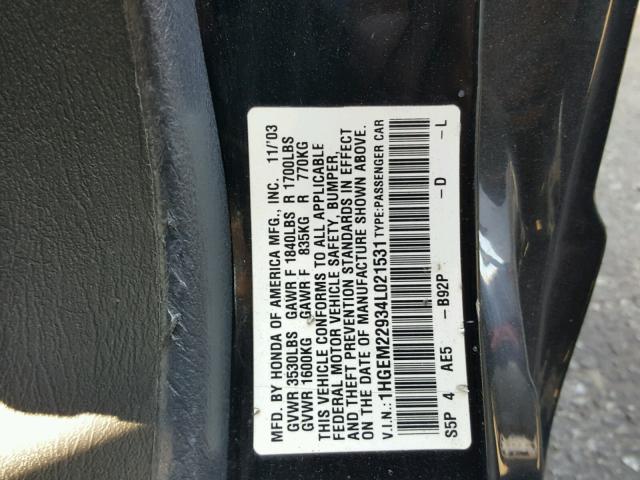 1HGEM22934L021531 - 2004 HONDA CIVIC EX BLACK photo 10