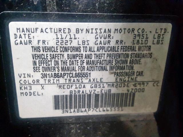 3N1AB6AP7CL665551 - 2012 NISSAN SENTRA 2.0 BLACK photo 10