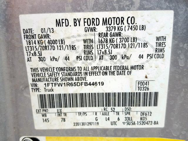 1FTFW1R65DFB44619 - 2013 FORD F150 SVT R SILVER photo 10