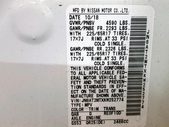 JN8AT2MTXKW252774 - 2019 NISSAN ROGUE S WHITE photo 10