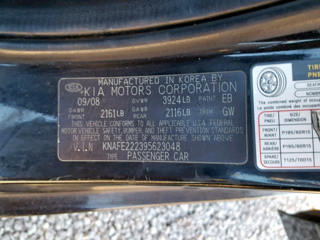 KNAFE222395623048 - 2009 KIA SPECTRA EX BLACK photo 10