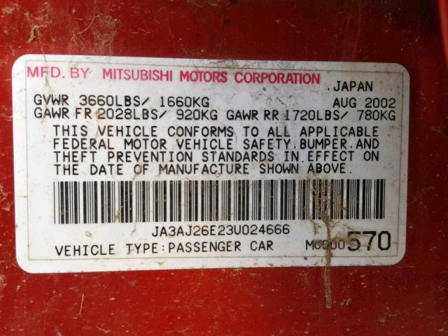 JA3AJ26E23U024666 - 2003 MITSUBISHI LANCER ES RED photo 10