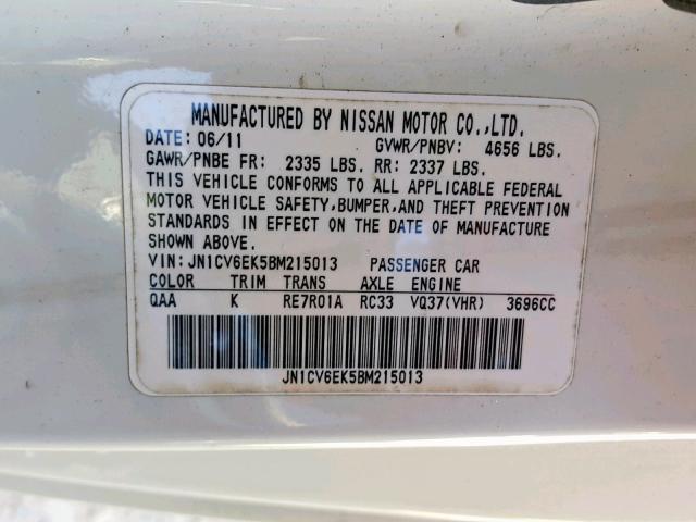 JN1CV6EK5BM215013 - 2011 INFINITI G37 BASE WHITE photo 10