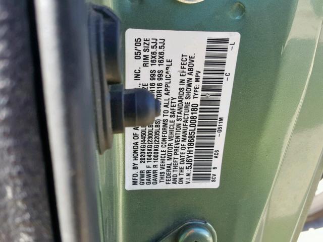 5J6YH18685L008180 - 2005 HONDA ELEMENT EX GREEN photo 10