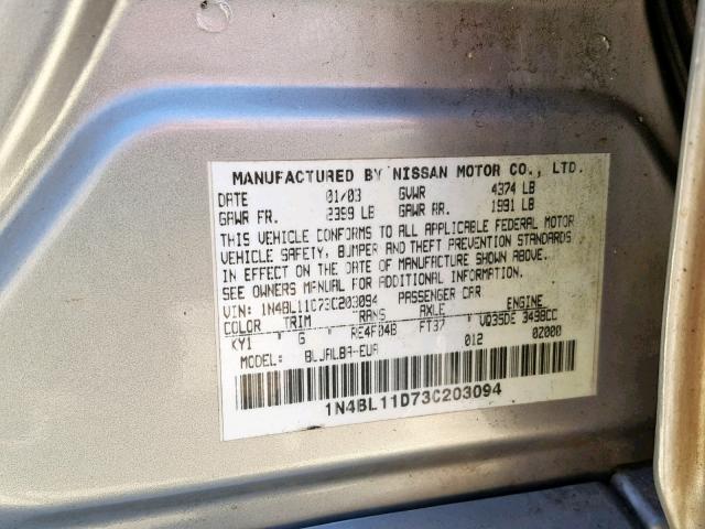 1N4BL11D73C203094 - 2003 NISSAN ALTIMA SE SILVER photo 10