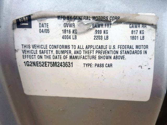 1G2NE52E75M243631 - 2005 PONTIAC GRAND AM S SILVER photo 10