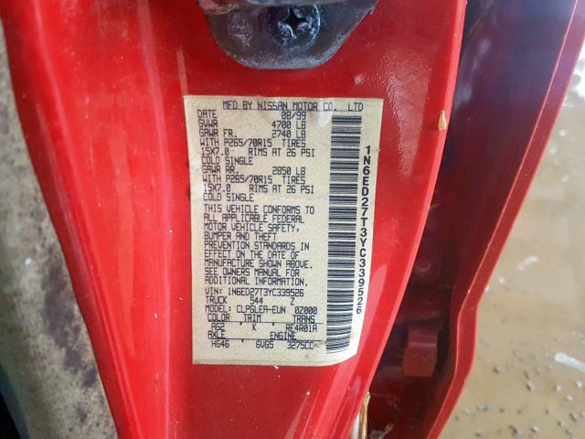 1N6ED27T3YC339526 - 2000 NISSAN FRONTIER C RED photo 10