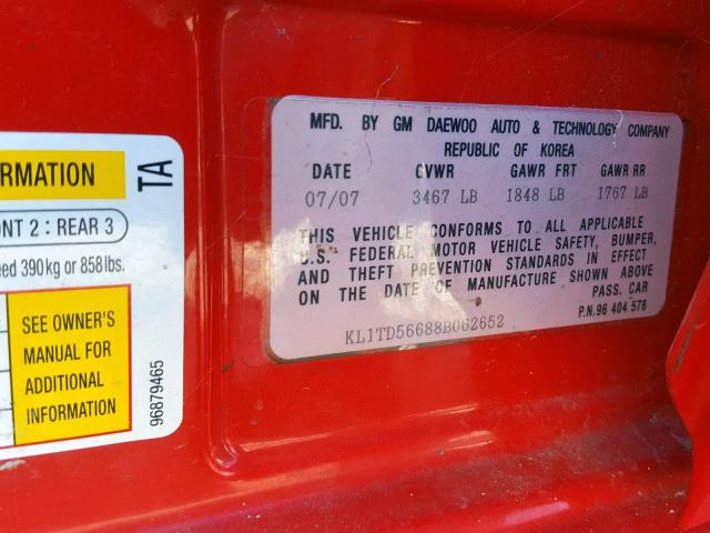 KL1TD56688B062652 - 2008 CHEVROLET AVEO BASE Qırmızı foto 10