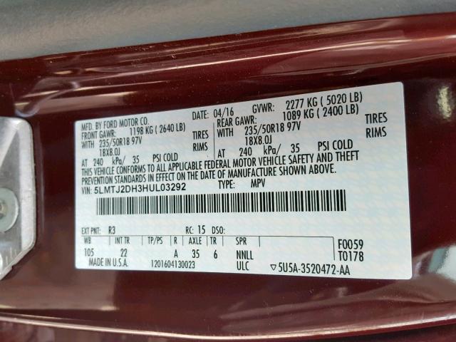 5LMTJ2DH3HUL03292 - 2017 LINCOLN MKC SELECT MAROON photo 10