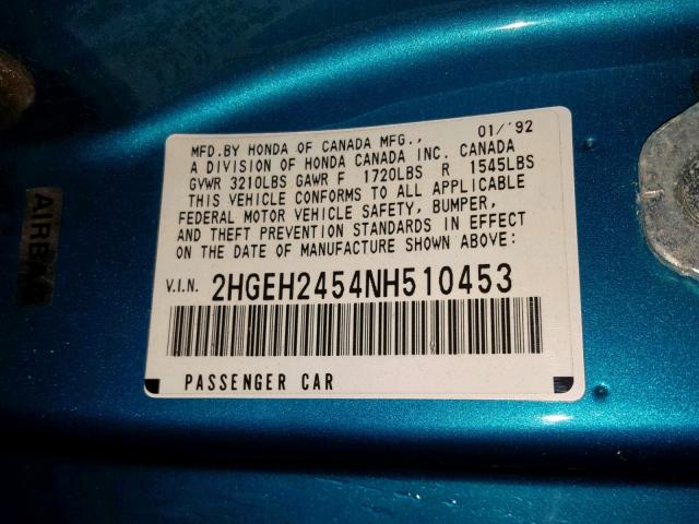 2HGEH2454NH510453 - 1992 HONDA CIVIC DX BLUE photo 10