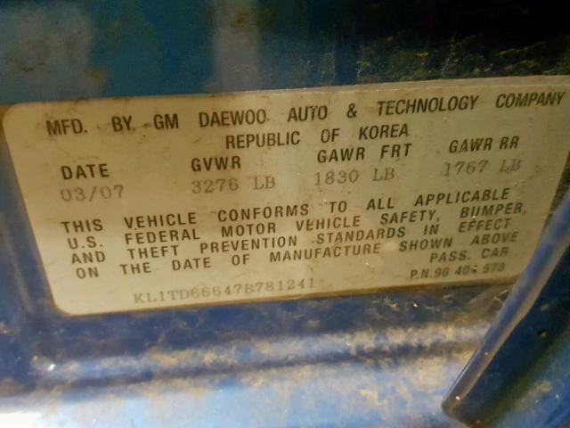 KL1TD66647B781241 - 2007 CHEVROLET AVEO BASE Mavi foto 10