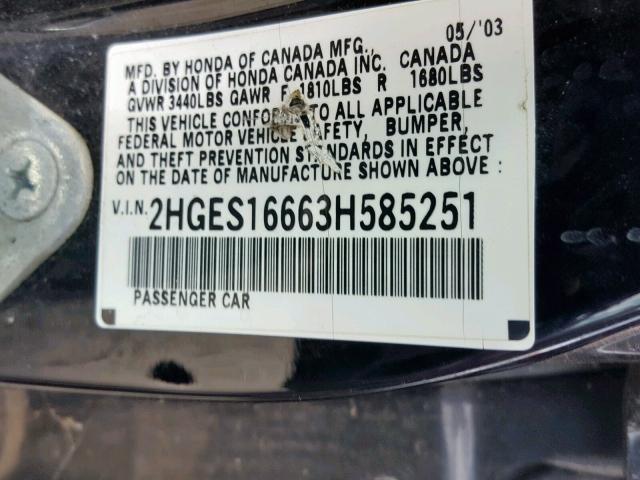 2HGES16663H585251 - 2003 HONDA CIVIC LX BLACK photo 10