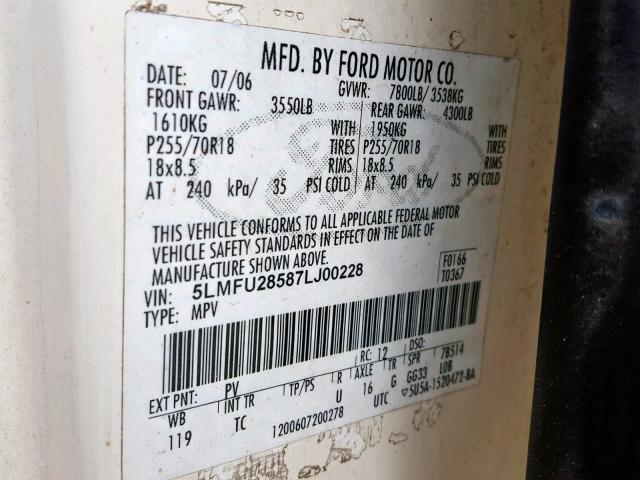 5LMFU28587LJ00228 - 2007 LINCOLN NAVIGATOR Krem foto 10