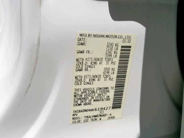 5N1BA0ND4AN619427 - 2010 NISSAN ARMADA SE WHITE photo 10