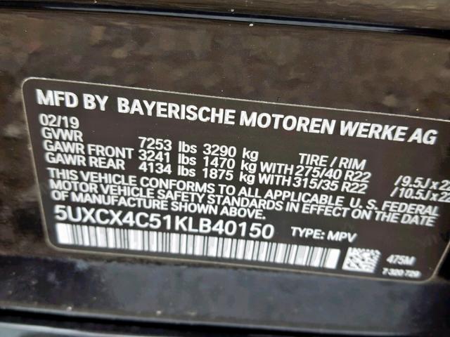 5UXCX4C51KLB40150 - 2019 BMW X7 XDRIVE5 BLACK photo 10