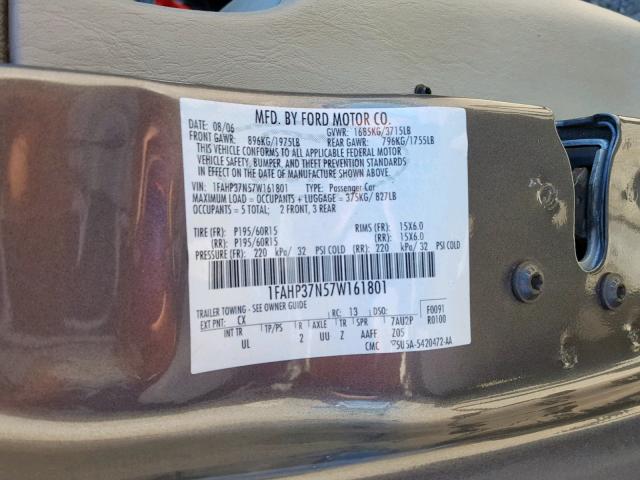 1FAHP37N57W161801 - 2007 FORD FOCUS ZX5 GRAY photo 10