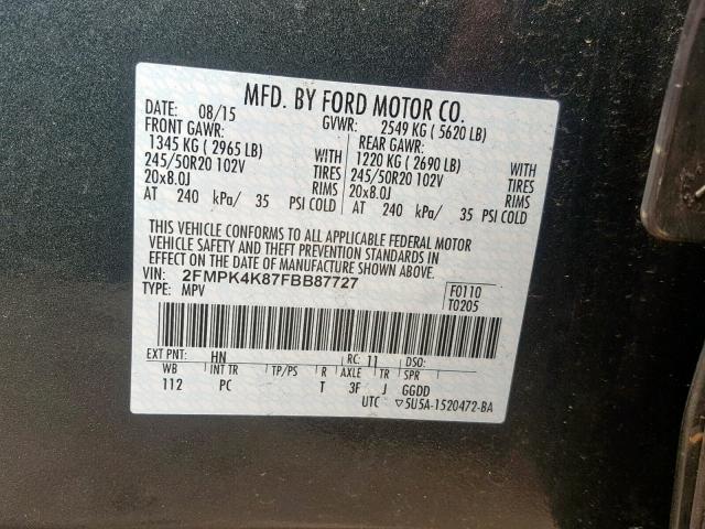 2FMPK4K87FBB87727 - 2015 FORD EDGE TITAN GRAY photo 10