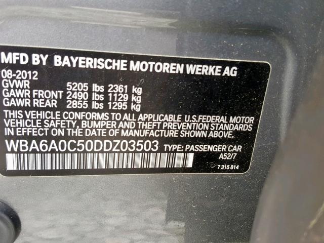 WBA6A0C50DDZ03503 - 2013 BMW 640 I GRAY photo 10
