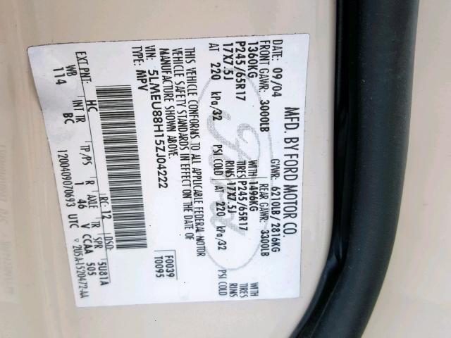 5LMEU88H15ZJ04222 - 2005 LINCOLN AVIATOR 奶油色 照片 10