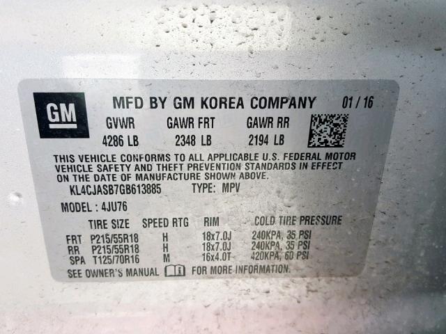 KL4CJASB7GB613885 - 2016 BUICK ENCORE SILVER photo 10