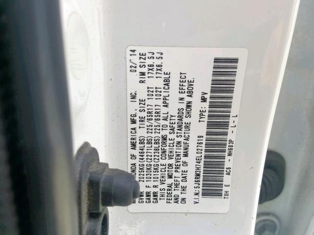 5J6RM3H74EL027619 - 2014 HONDA CR-V EXL WHITE photo 10