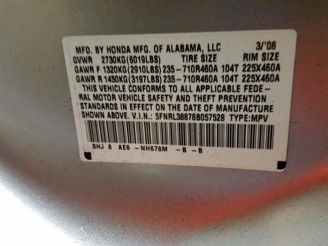 5FNRL38878B057528 - 2008 HONDA ODYSSEY TO SILVER photo 10