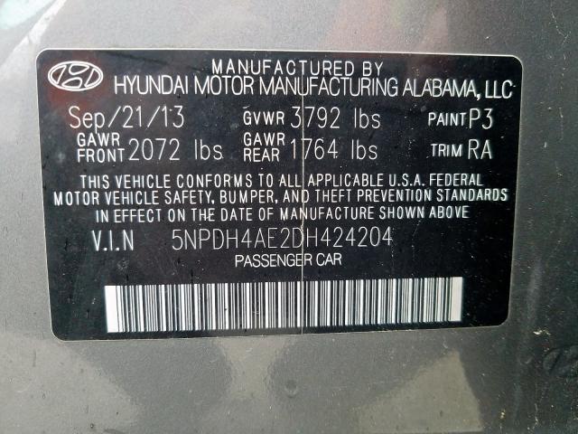 5NPDH4AE2DH424204 - 2013 HYUNDAI ELANTRA GLS  photo 10