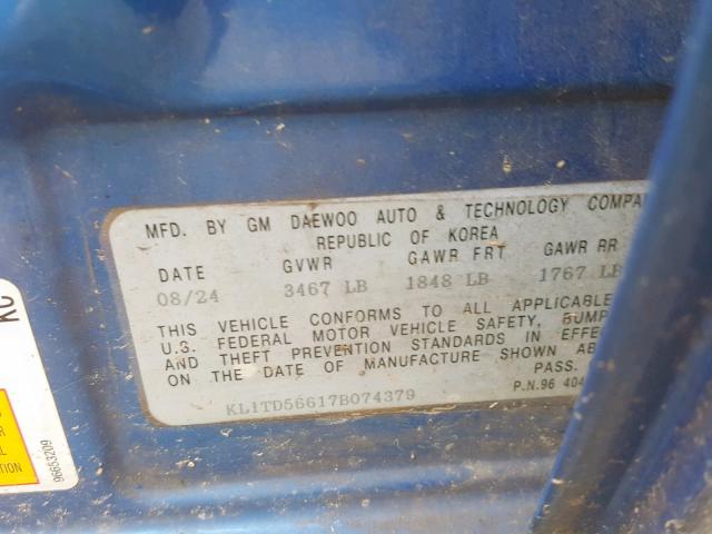 KL1TD56617B074379 - 2007 CHEVROLET AVEO BASE Көк фото 10