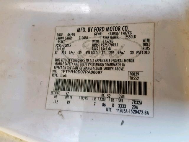 1FTYR10D07PA08697 - 2007 FORD RANGER WHITE photo 10