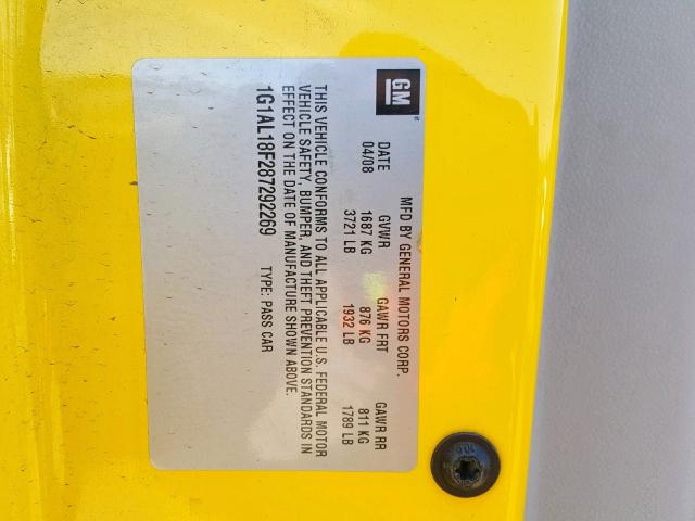 1G1AL18F287292269 - 2008 CHEVROLET COBALT LT YELLOW photo 10