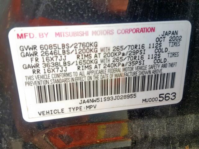 JA4NW51S93J028955 - 2003 MITSUBISHI MONTERO LI BLACK photo 10