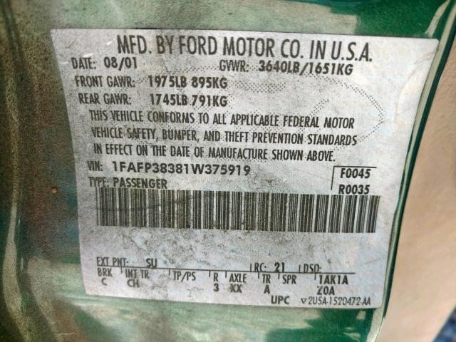 1FAFP38381W375919 - 2001 FORD FOCUS ZTS GREEN photo 10