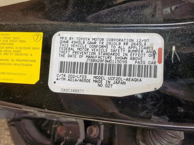 JT8BH28F8W0115099 - 1998 LEXUS LS 400 BLACK photo 10