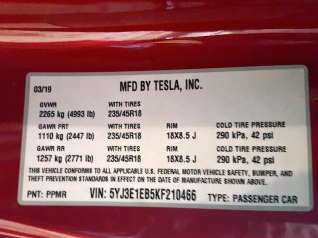 5YJ3E1EB5KF210466 - 2019 TESLA MODEL 3  photo 10