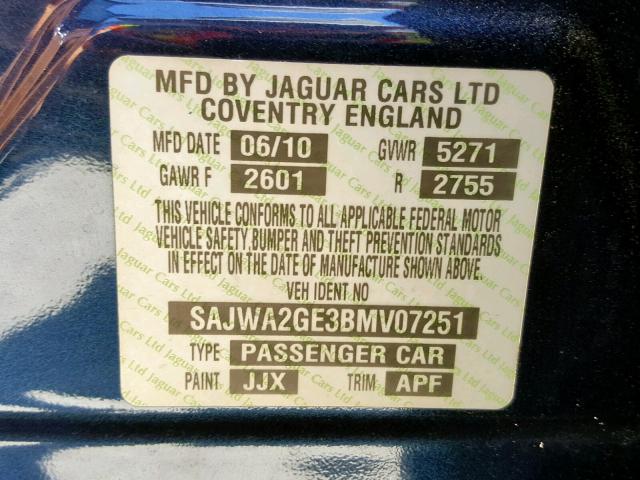 SAJWA2GE3BMV07251 - 2011 JAGUAR XJL SUPERC BLUE photo 10