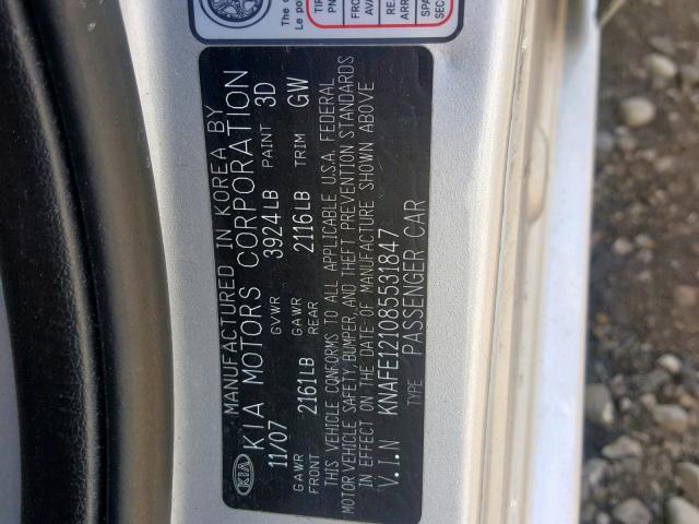 KNAFE121085531847 - 2008 KIA SPECTRA EX SILVER photo 10