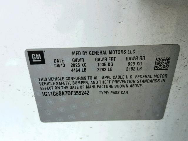 1G11C5SA7DF355242 - 2013 CHEVROLET MALIBU 1LT 白色 照片 10