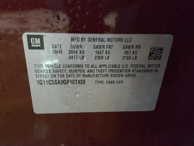 1G11C5SA9GF167438 - 2016 CHEVROLET MALIBU LIM MAROON photo 10