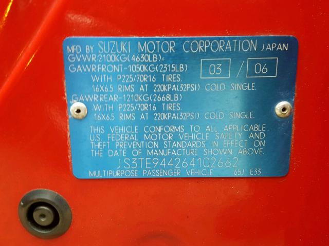 JS3TE944264102662 - 2006 SUZUKI GRAND VITA RED photo 10